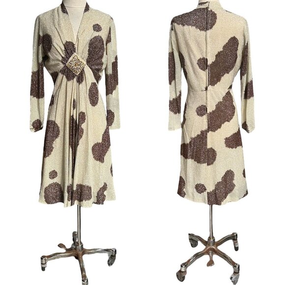 70s vintage metallic midi dress animal cow print beaded v-neck long sleeve. - Picture 4 of 12
